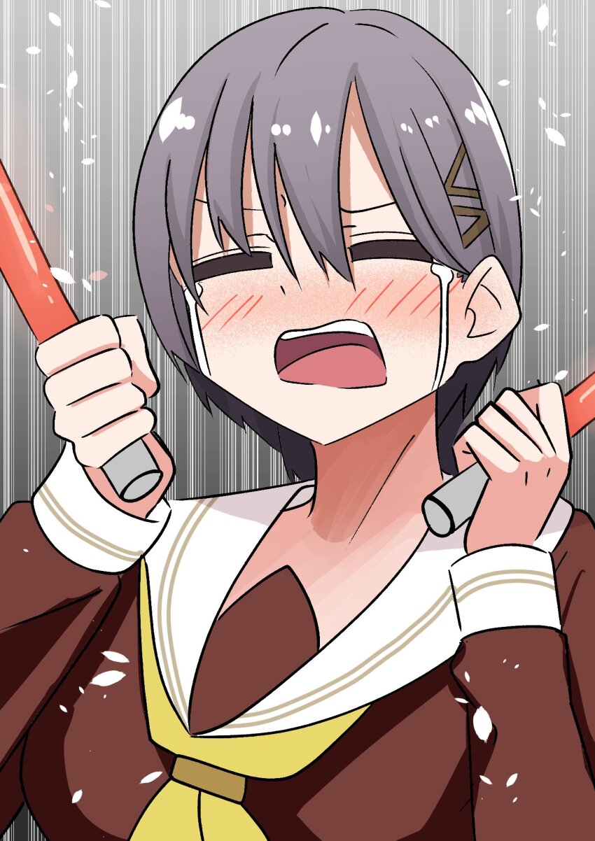 1girl, blush, breasts, brown_dress, closed_eyes, commentary_request, crying, dress