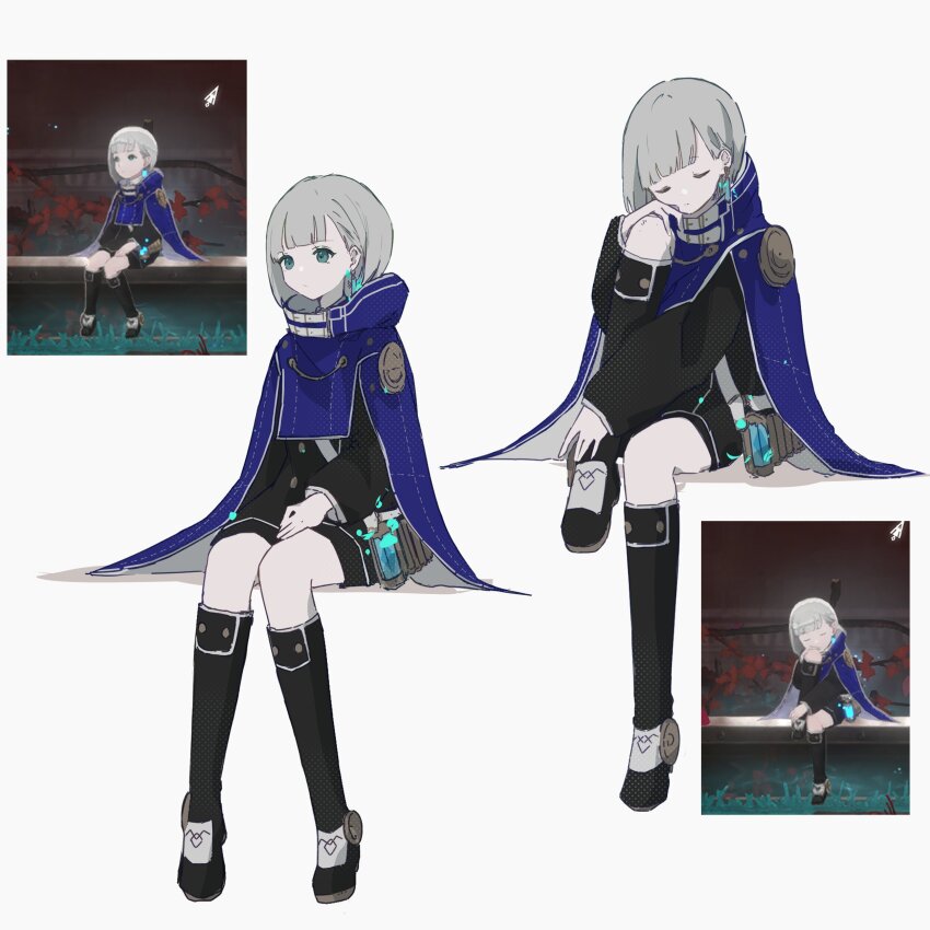 1girl, absurdres, blue_cloak, blue_eyes, boots, cloak, commentary_request, earrings, ender_lilies_quietus_of_the_knights, ender_magnolia_bloom_in_the_mist, expressionless, full_body, game_screenshot_inset, grey_hair, highres, jacket, jewelry, knee_up, kokonama, lilac_(ender_magnolia), multiple_views, short_hair, simple_background, single_earring, sitting
