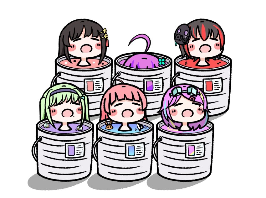 6+girls, ahoge, arcshizuku, black_hair, blunt_bangs, can, chibi, date_akari, gas_mask, green_hair, hair_ornament, hairband, heaven_burns_red, highres, ishii_iroha, long_hair, long_sleeves, mask, mikoto_fubuki, mizuhara_aina, mole, multicolored_hair, multiple_girls, murohushi_risa, nikaidou_misato, open_mouth, pink_hair, purple_eyes, purple_hair, red_hair, short_hair, sidelocks, streaked_hair, tassel, tassel_hair_ornament, team_31d_(heaven_burns_red), twintails