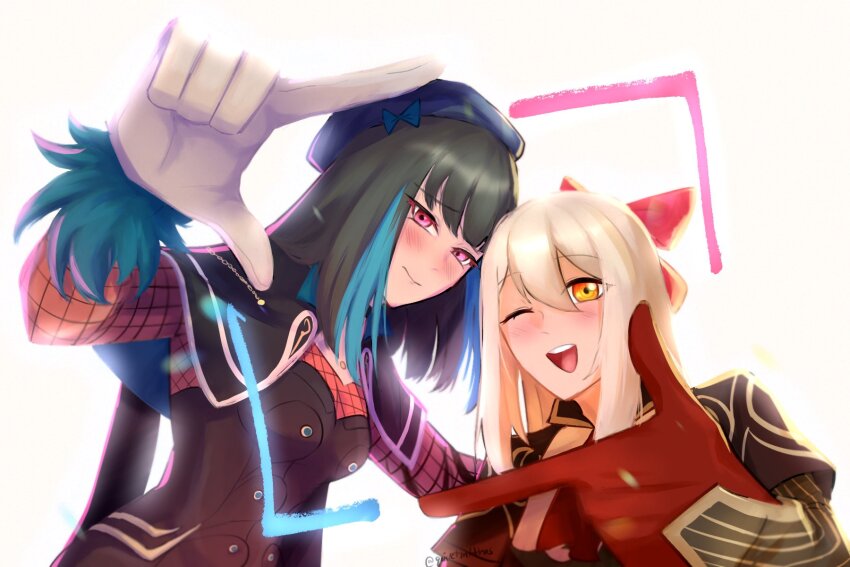 2girls, ;d, aria_steelwind, black_hair, blonde_hair, blue_hair, blush, bow, celeste_mccoy, closed_mouth, finger_frame, finger_frame_duo, gloves, hair_bow, highres, looking_at_viewer, multicolored_hair, multiple_girls, one_eye_closed, open_mouth, orange_eyes, pink_bow, pink_eyes, quietmithos, red_gloves, simple_background, smile, streaked_hair, tyrion_cuthbert:_attorney_of_the_arcane, upper_body, white_background, white_gloves