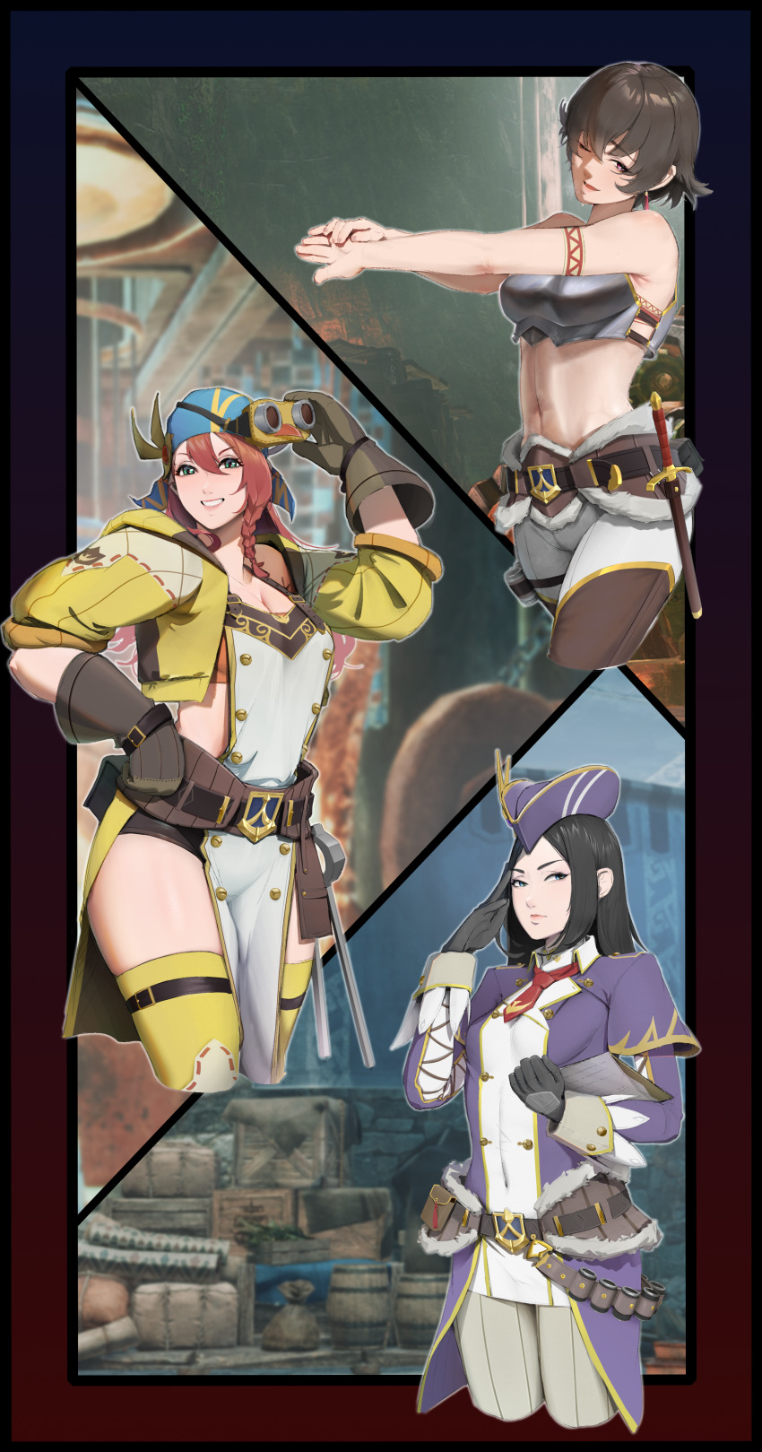 1604550786, 3girls, absurdres, alternate_costume, armor, bare_shoulders, belt, black_belt, black_hair, black_shorts, blue_eyes, blue_hat, braid, breastplate, brown_gloves, buttons, closed_mouth, commentary_request, cropped_jacket, dame_luchika, earrings, fiorayne_(monster_hunter), fur_trim, gloves, goggles, goggles_on_head, green_eyes, grey_pants, grin, hand_on_own_hip, hat, highres, jacket, jewelry, lips, long_hair, long_sleeves, looking_at_viewer, micro_shorts, midriff, military_hat, military_uniform, minayle_(monster_hunter), monster_hunter_(series), monster_hunter_rise, multiple_girls, navel, necktie, one_eye_closed, open_mouth, orange_hair, pants, pelvic_curtain, pink_lips, purple_eyes, red_necktie, short_hair, shorts, smile, stomach, sweat, teeth, thighs, yellow_jacket