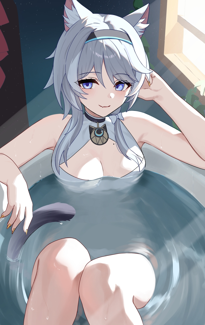 1girl, absurdres, anima_miko, animal_ear_fluff, animal_ears, bathtub, black_hairband, blue_eyes