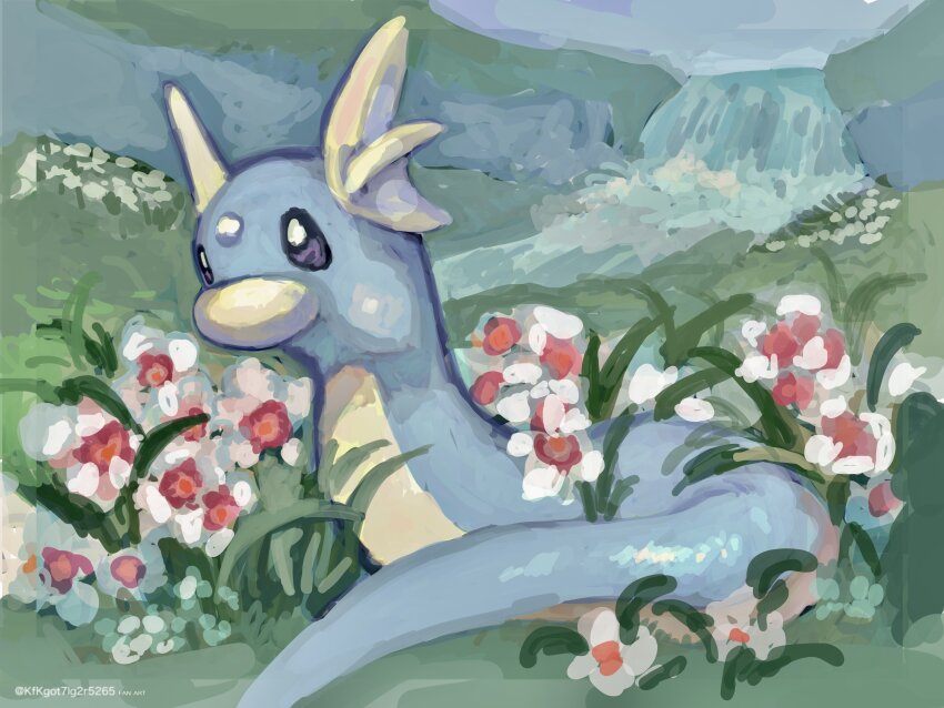 absurdres, artist_name, dratini, flower, gen_1_pokemon, grass, highres, hill