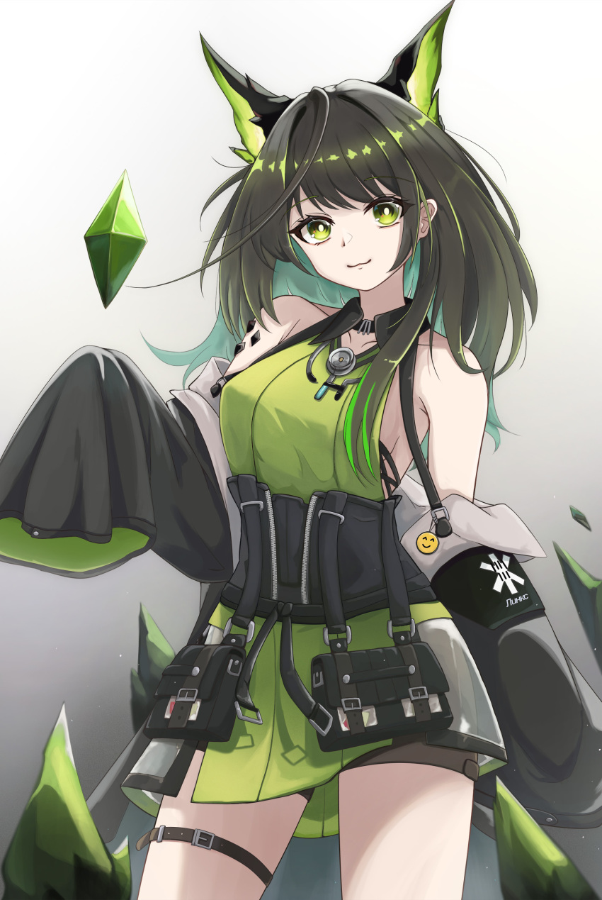 1girl, absurdres, animal_ears, arknights, bare_shoulders, belt, black_hair, black_jacket