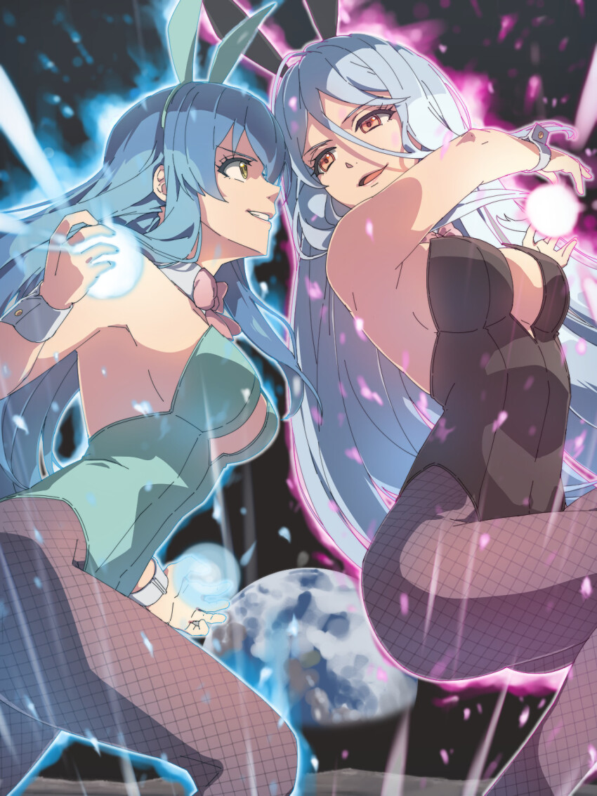 2girls, animal_ears, black_leotard, blue_hair, blue_leotard, bow, bowtie, breasts, chiharu_(9654784), cleavage, commission, covered_navel, detached_collar, earth_(planet), eiyuu_densetsu, fake_animal_ears, fishnet_pantyhose, fishnets, floating_hair, grandmaster_(eiyuu_densetsu), grin, hair_between_eyes, highleg, highleg_leotard, highres, kai_no_kiseki, kuro_no_kiseki_(series), large_breasts, leotard, long_hair, multiple_girls, nina_fenly, open_mouth, pantyhose, parted_bangs, planet, playboy_bunny, rabbit_ears, sideboob, sidelocks, skeb_commission, smile, space, strapless, strapless_leotard, white_wrist_cuffs, wrist_cuffs, yellow_eyes