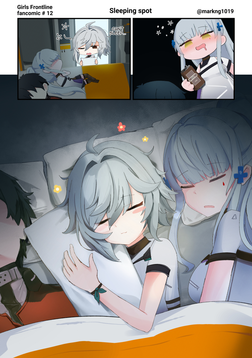 1boy, 2girls, absurdres, blue_hair, blush, breasts, closed_eyes, commander_(girls'_frontline)