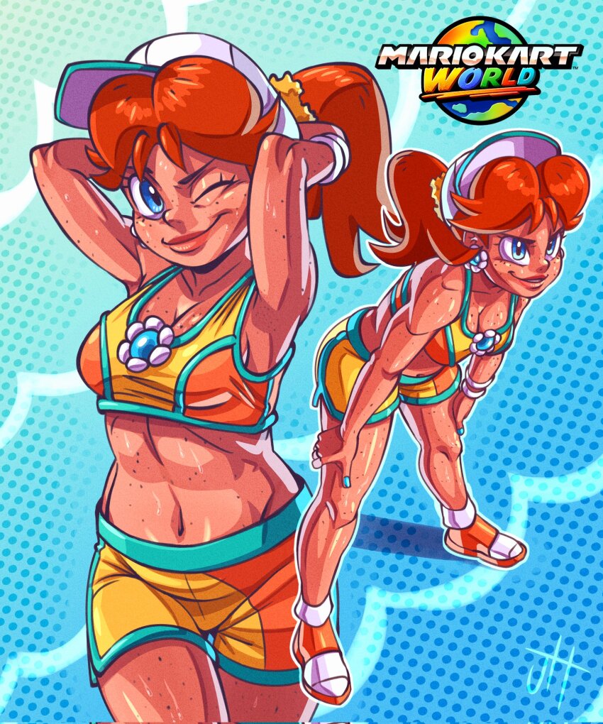 1girl, blue_eyes, brown_hair, copyright_name, earrings, flower_earrings, freckles, gamertimeartz, hands_on_own_thighs, hat, highres, jewelry, logo, mario_(series), mario_kart, mario_kart_world, multiple_views, navel, nintendo, official_alternate_costume, one_eye_closed, orange_shorts, orange_sports_bra, princess_daisy, princess_daisy_(swimwear)_(mario_kart_world), shoes, short_shorts, shorts, sports_bra, white_hat