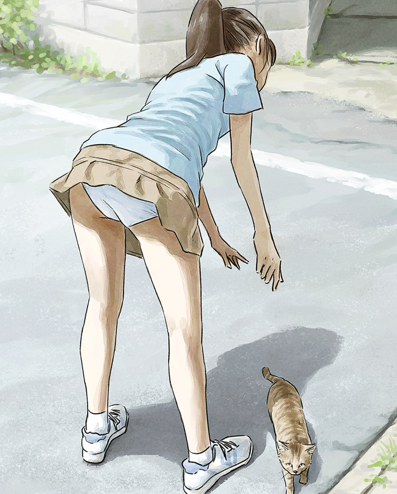 1girl, ankle_socks, bent_over, blue_shirt, brown_hair, brown_skirt, cat, clothes_lift, female_focus, from_behind, legs, long_hair, miniskirt, nature, original, outdoors, panties, pantyshot, plant, ponytail, shirt, shoes, short_sleeves, skirt, skirt_lift, sneakers, socks, solo, standing, tnt_(aaaazzzz), underwear, upskirt, white_panties, white_shoes, white_socks