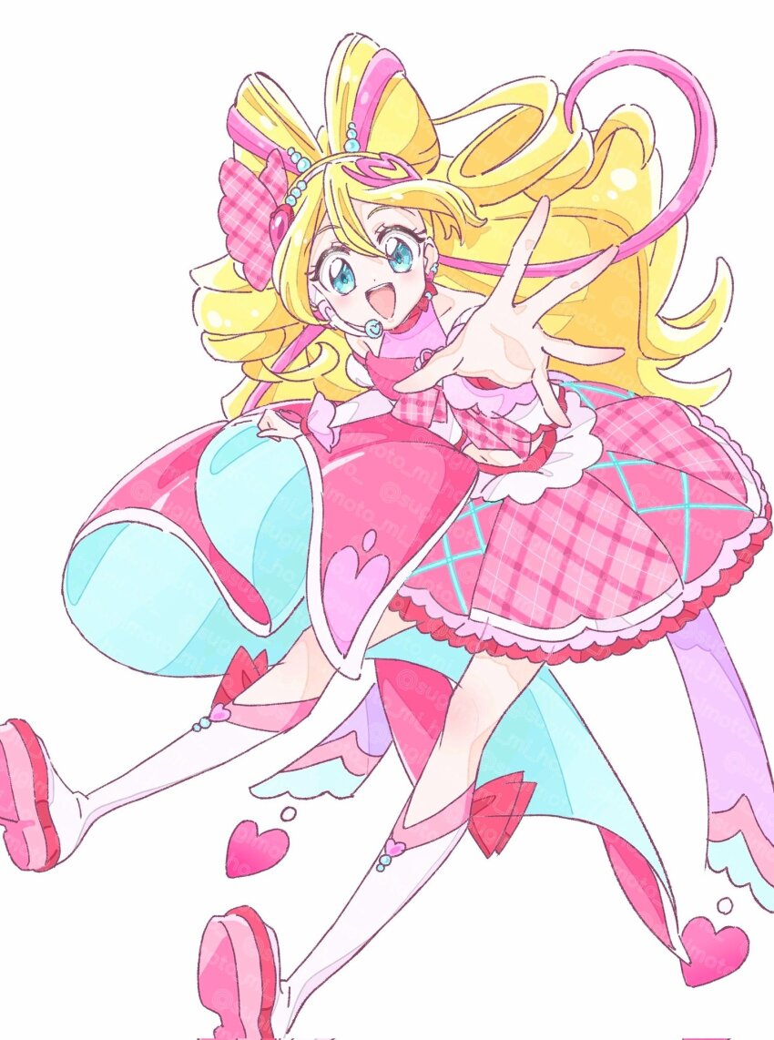 1girl, :d, aqua_eyes, blonde_hair, boots, bow, bow-shaped_hair, circle_skirt