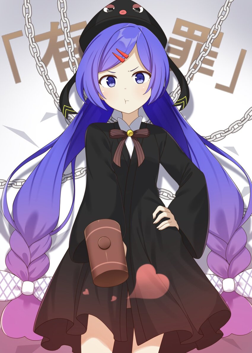 1girl, alternate_bangs, black_dress, black_hat, blue_eyes, blue_hair, bow, bowtie