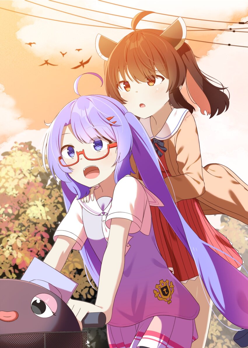 2girls, :d, adapted_costume, ahoge, alternate_bangs, alternate_costume, ascot, asymmetrical_bangs