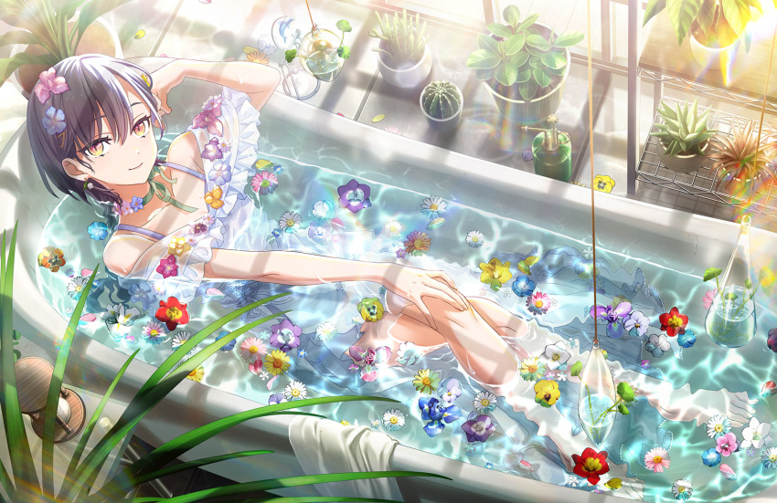 1girl, \||/, arm_up, bare_shoulders, barefoot, blue_flower, bottle, breasts