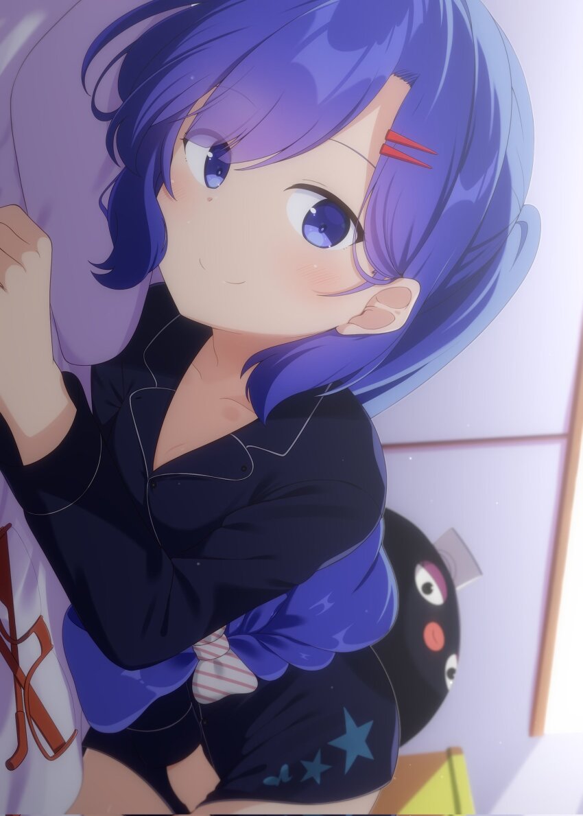 1girl, alternate_bangs, alternate_costume, asymmetrical_bangs, backlighting, black_hat, black_pajamas, blue_eyes