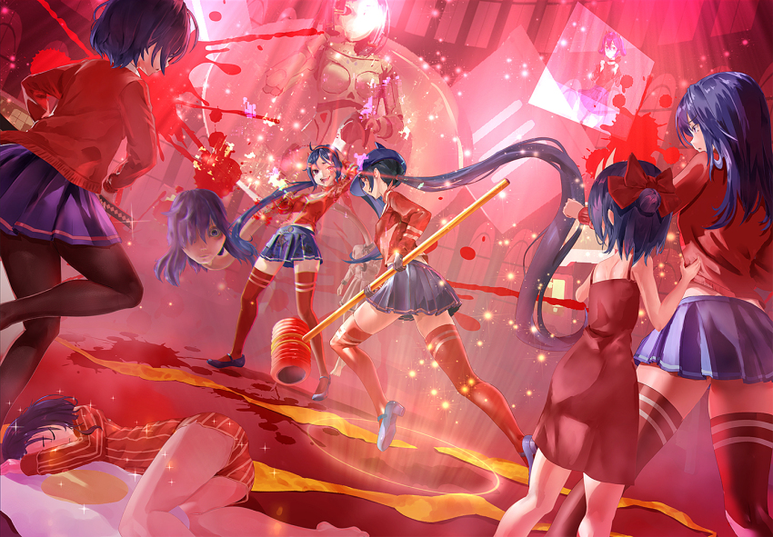 6+girls, battle, black_pantyhose, blood, blood_on_clothes, blue_eyes, blue_gloves, blue_hair