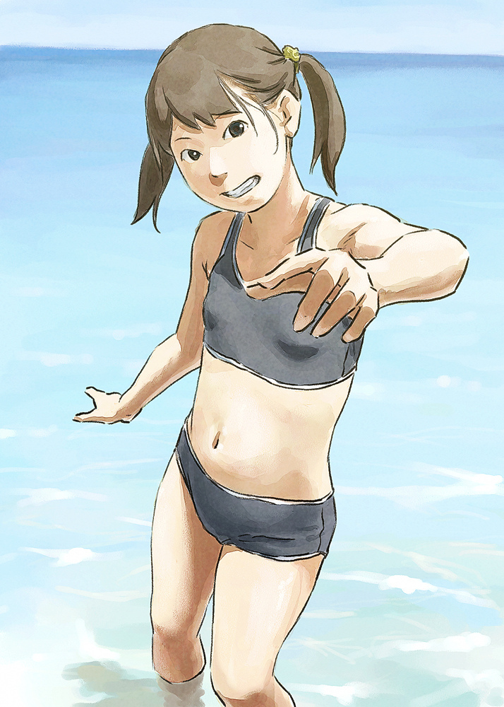 1girl, bikini, brown_hair, female_focus, flat_chest, green_eyes, grin, legs