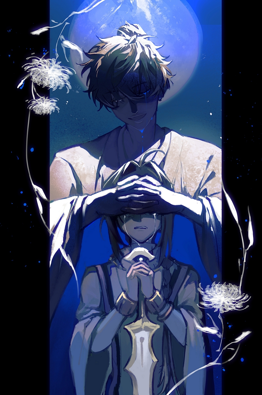 1boy, 1other, absurdres, ahoge, aizendai, androgynous, black_border, black_hair