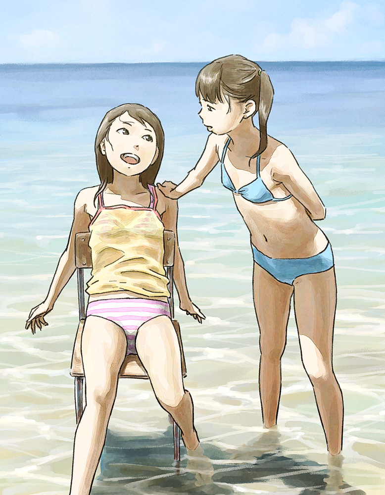 2girls, arms_behind_back, bikini, brown_hair, camisole, chair, flat_chest, legs
