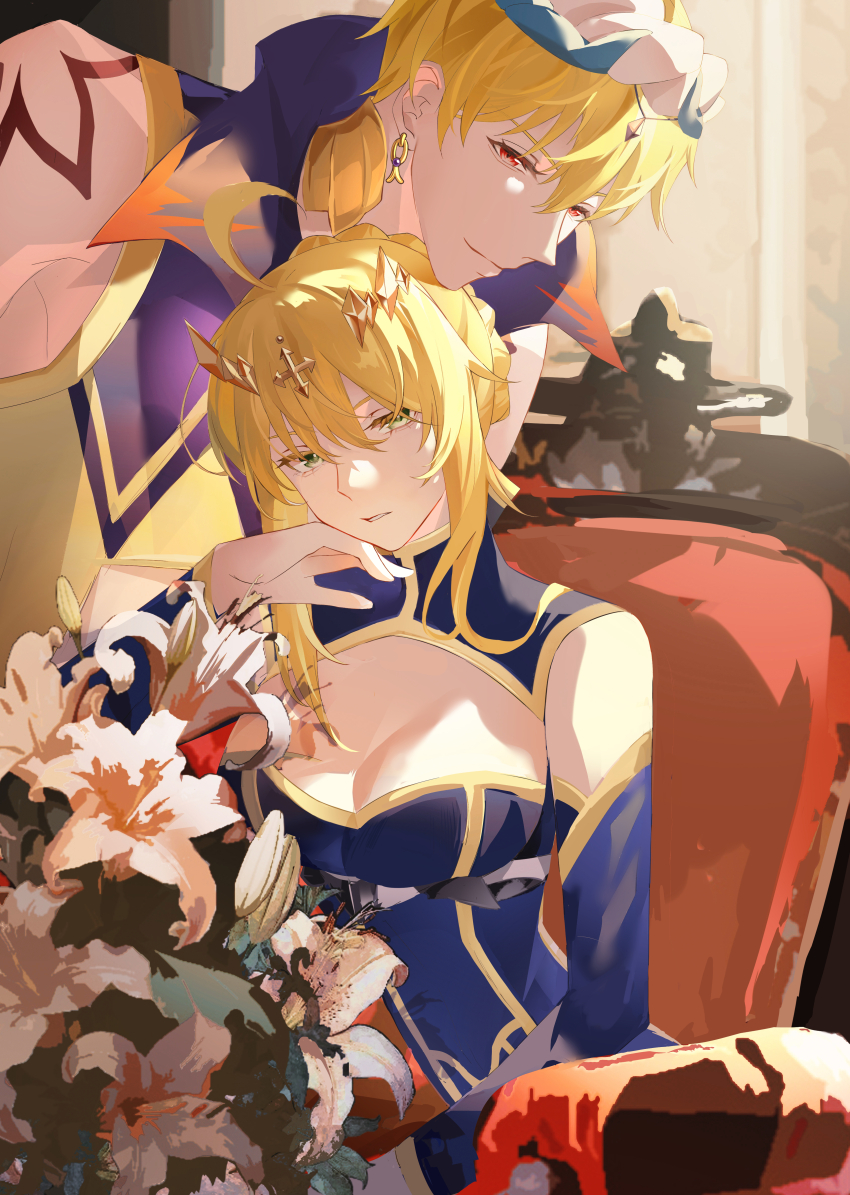 1boy, 1girl, absurdres, ahoge, anyuqiushui724, arabian_clothes, artoria_pendragon_(fate), artoria_pendragon_(lancer)_(fate), artoria_pendragon_(lancer)_(third_ascension)_(fate), blonde_hair, bouquet, braid, breasts, chair, cleavage, cleavage_cutout, clothing_cutout, crown, detached_sleeves, earrings, fate/grand_order, fate_(series), flower, gilgamesh, gilgamesh_(caster)_(fate), gilgamesh_(fate), green_eyes, hair_between_eyes, highres, jewelry, large_breasts, long_hair, looking_at_viewer, on_chair, parted_lips, red_eyes, short_hair, sidelocks, sitting, smile, turban, updo