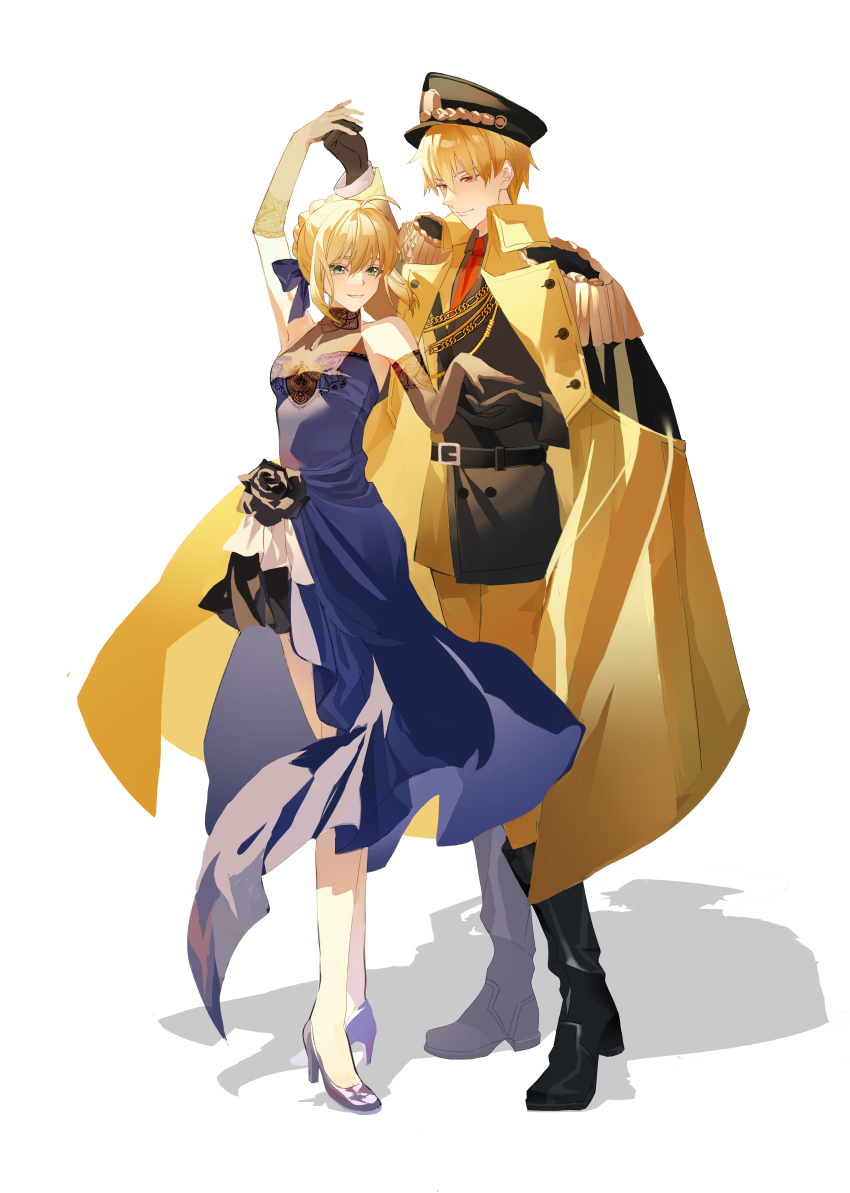 1boy, 1girl, absurdres, ahoge, anyuqiushui724, artoria_pendragon_(fate), belt, blonde_hair