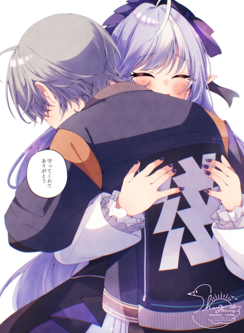 1boy, 1girl, artist_name, black_shirt, blue_jacket, blush, closed_eyes, commentary