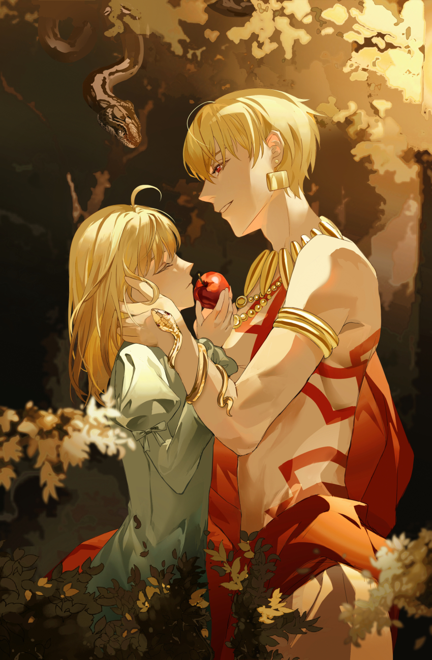 1boy, 1girl, absurdres, ahoge, anyuqiushui724, apple, armlet, artoria_pendragon_(fate)