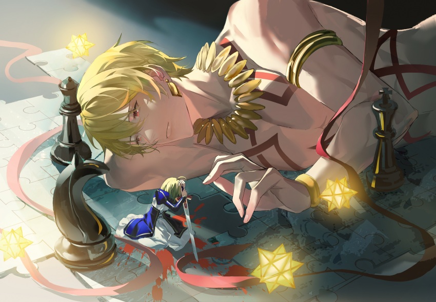 1boy, 1girl, absurdres, ahoge, anyuqiushui724, armlet, artoria_pendragon_(fate), blonde_hair