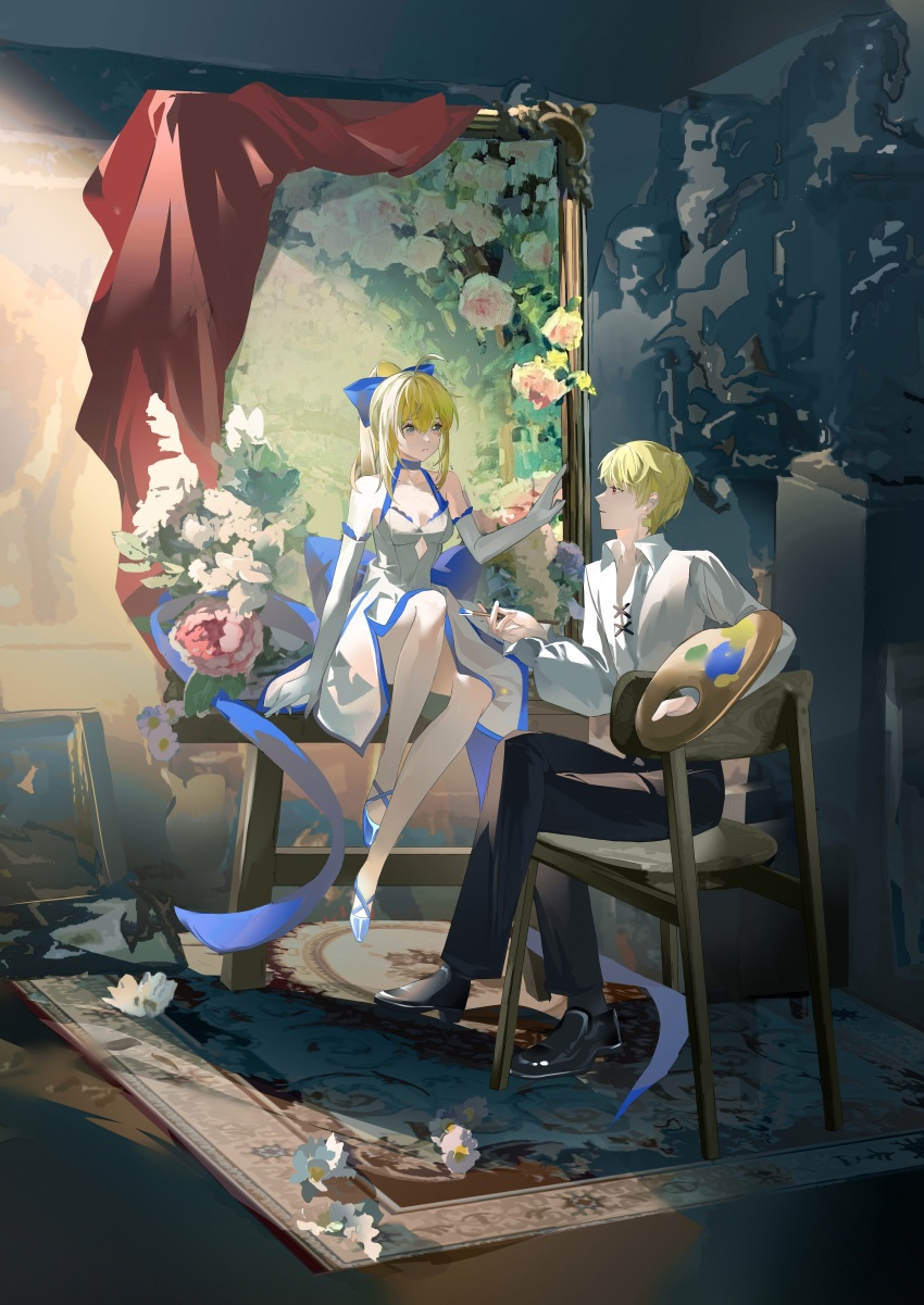 1boy, 1girl, absurdres, ahoge, anyuqiushui724, artoria_pendragon_(fate), black_pants, blonde_hair, bow, chair, clothing_cutout, collared_shirt, dress, earrings, easel, elbow_gloves, fate/extella, fate/extra, fate/grand_order, fate/stay_night, fate_(series), flower, gilgamesh_(fate), gloves, green_eyes, hair_bow, highres, indoors, jewelry, long_sleeves, on_chair, painting_(action), painting_(object), pants, picture_frame, ponytail, red_eyes, saber_(fate), saber_(pure_night_dress)_(fate), shirt, shoes, short_hair, sitting, through_medium, through_painting, white_dress, white_gloves, white_shirt
