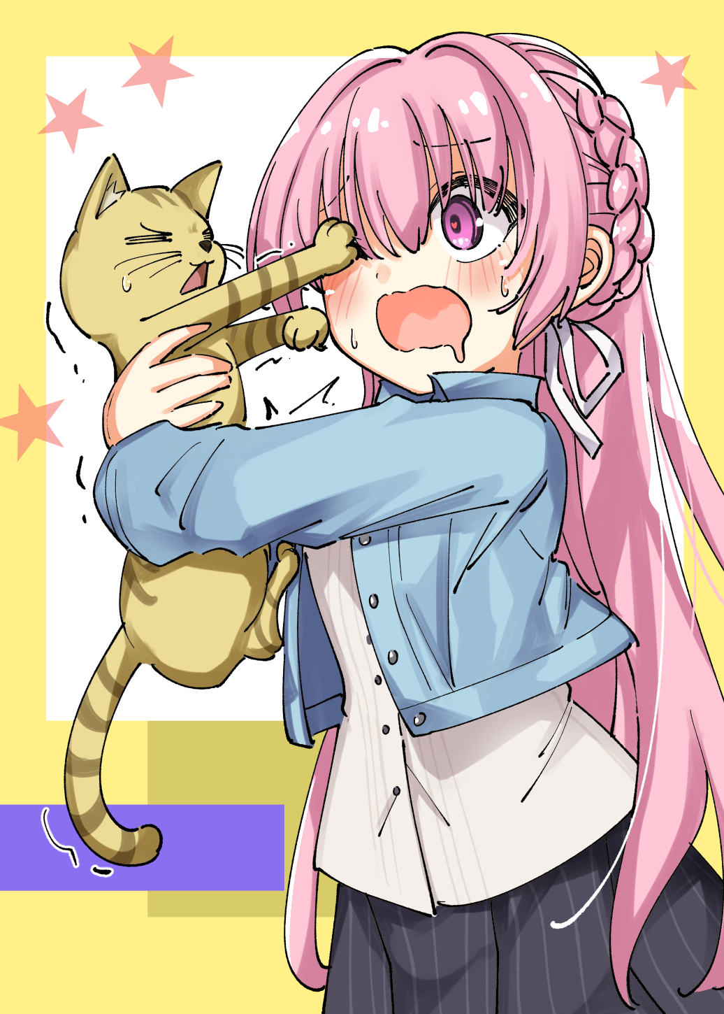 1girl, =_=, animal, black_skirt, blue_jacket, blush, braid, cat, commentary, cowboy_shot, cropped_jacket, crown_braid, drooling, furrowed_brow, hair_between_eyes, hair_ribbon, heart, heart-shaped_pupils, highres, holding, holding_animal, holding_cat, jacket, long_hair, looking_at_another, lovestruck, mitsukasa_ayase, mouth_drool, nzuwaiganin, official_alternate_costume, official_alternate_hairstyle, open_clothes, open_jacket, open_mouth, pink_hair, purple_eyes, rejected_hug, rejection, ribbon, riddle_joker, shirt, simple_background, skirt, solo, star_(symbol), striped_clothes, striped_skirt, striped_tail, sweatdrop, symbol-shaped_pupils, tail, trembling, two-tone_background, vertical-striped_clothes, vertical-striped_skirt, very_long_hair, white_background, white_ribbon, white_shirt, wide-eyed, yellow_background, yellow_cat