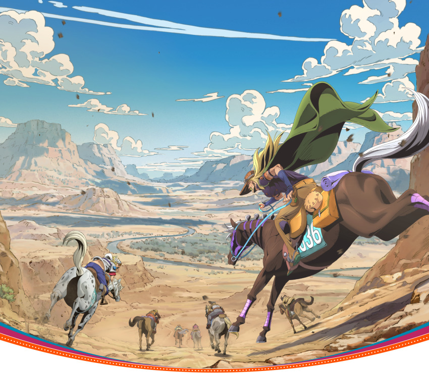 1girl, 5boys, blonde_hair, blue_sky, bridal_gauntlets, brown_pants, cape, character_request