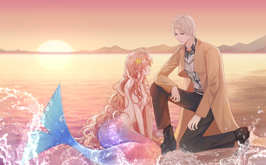1boy, 1girl, absurdres, ankle_boots, arm_support, beach, black_boots, black_pants, black_socks, boots, breasts, brown_coat, chain, chain_necklace, charlie_su, chinese_commentary, coat, collared_shirt, eye_contact, grey_hair, hair_between_eyes, convenient_hair, hair_ornament, highres, jewelry, kocona, light_and_night_love, long_hair, long_sleeves, looking_at_another, medium_breasts, mermaid, monster_girl, mountainous_horizon, multicolored_shirt, necklace, nude, ocean, on_one_knee, open_clothes, open_coat, orange_hair, outdoors, pants, parted_bangs, parted_lips, print_shirt, profile, protagonist_(light_and_night_love), purple_eyes, shirt, short_hair, sitting, socks, splatter, starfish_hair_ornament, sunset, undershirt, wet, wet_hair, white_shirt, yokozuwari