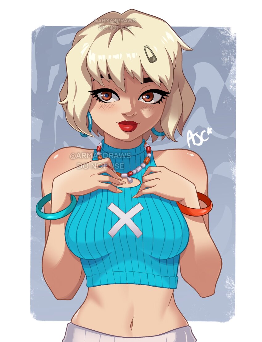 1girl, absurdres, armasdraws, blonde_hair, blue_sweater, bracelet, breasts, brown_eyes