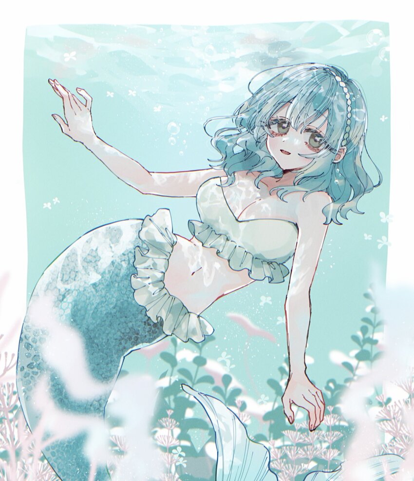 1girl, air_bubble, bare_arms, bare_shoulders, blue_hair, breasts, bubble, cleavage