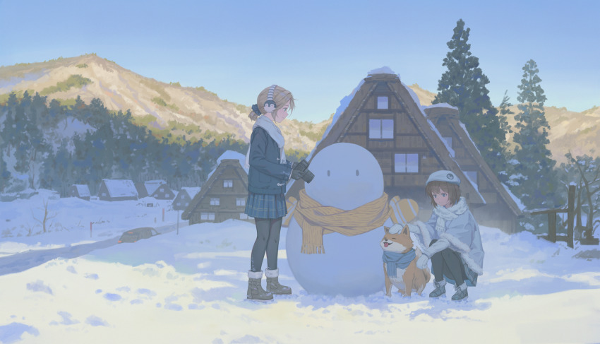 2girls, absurdres, animal_scarf, ankle_boots, beret, black_boots, black_jacket, black_leggings