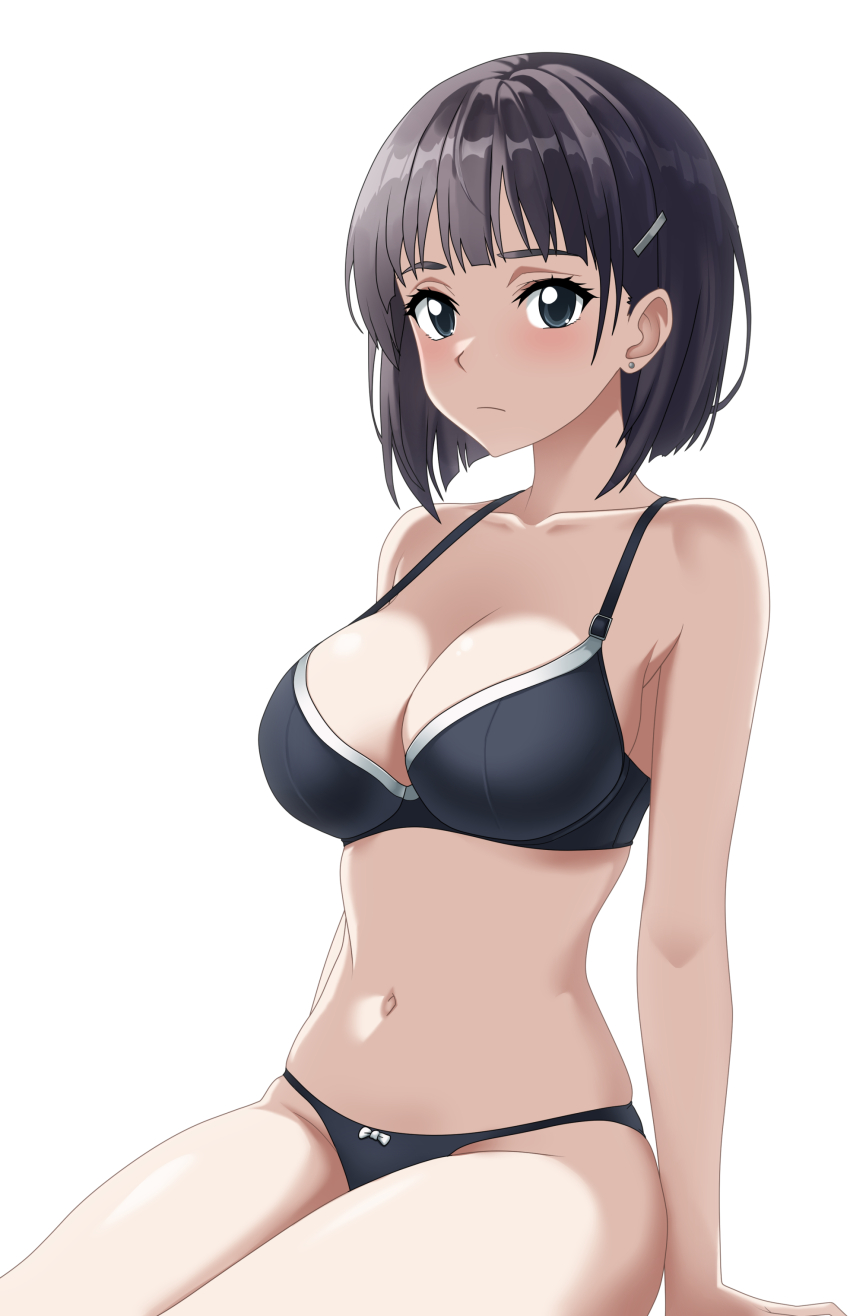 1girl, absurdres, black_bra, black_eyes, black_hair, black_panties, bob_cut, bra, breasts, cleavage, closed_mouth, collarbone, hair_ornament, hairclip, highres, indy_k, kirigaya_suguha, large_breasts, looking_at_viewer, navel, panties, short_hair, simple_background, sitting, solo, stomach, sword_art_online, underwear, white_background