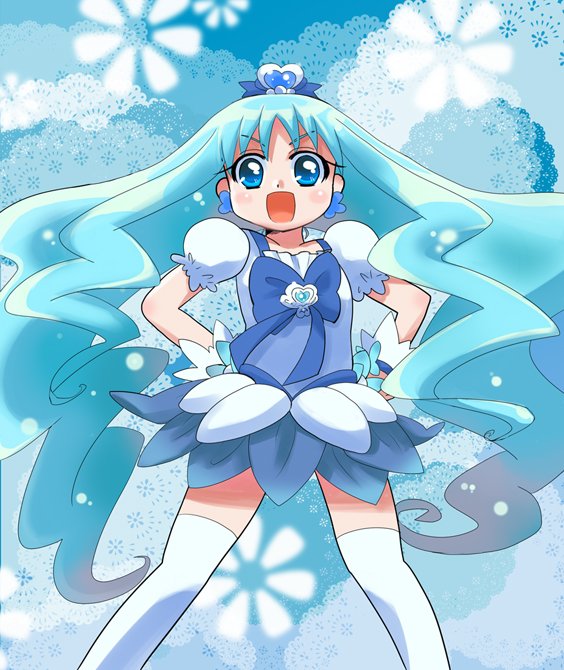 10s, 1girl, :d, blue_background, blue_eyes, blue_hair, blue_skirt, blue_theme