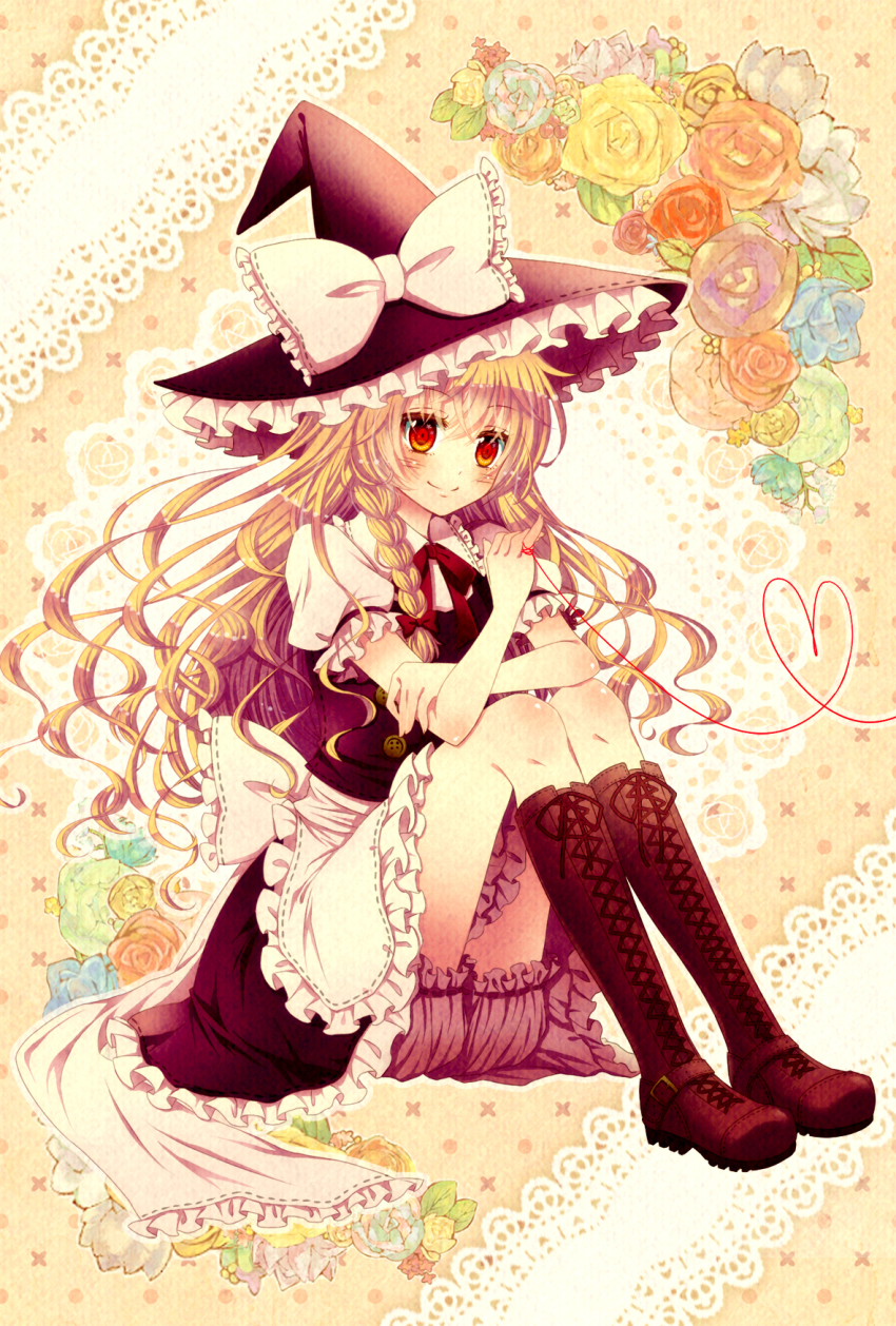 1girl, bad_id, bad_pixiv_id, black_dress, blonde_hair, bloomers, braid, cross-laced_footwear, dress, female_focus, flower, hat, heart, heart_of_string, highres, kirisame_marisa, moko_ko, sitting, smile, solo, string, string_of_fate, touhou, underwear, upskirt, witch, witch_hat, yellow_eyes