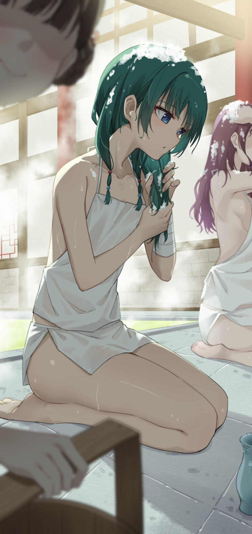 3girls, absurdres, bandaged_arm, bandages, barefoot, bathhouse, bathing, blue_eyes, brown_hair, bucket, chinese_clothes, collarbone, commentary, commentary_request, english_commentary, feet, full_body, green_hair, hanfu, highres, kneeling, kusuriya_no_hitorigoto, long_hair, maomao_(kusuriya_no_hitorigoto), multiple_girls, parted_lips, profnote, purple_hair, same-sex_bathing, seiza, shared_bathing, shisui_(kusuriya_no_hitorigoto), sitting, smile, soap_bubbles, soles, solo_focus, steam, thighs, tile_floor, tiles, toes, washing_hair, wet, wet_hair, wooden_bucket, xiaolan_(kusuriya_no_hitorigoto)