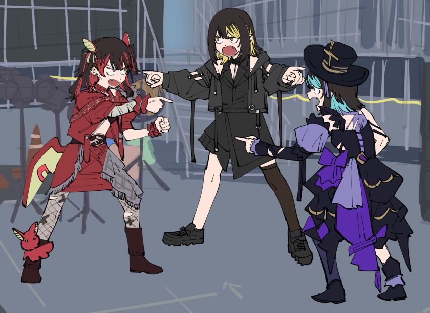 3girls, anaguma_keigo, backstage, black_dress, black_hair, black_hat, black_shirt, black_shoes