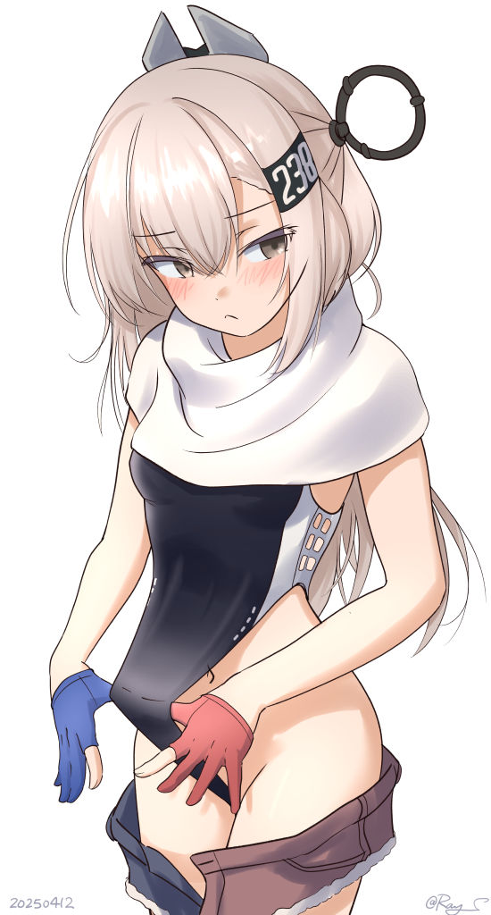 1girl, asymmetrical_gloves, black_one-piece_swimsuit, cowboy_shot, denim, denim_skirt, frontal_wedgie, gloves