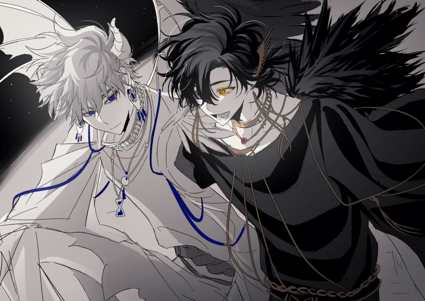 2boys, absurdres, ancient_greek_clothes, angel, angel_and_devil, bishounen, black_cape, black_hair, black_shirt, black_wings, blue_eyes, blue_ribbon, cape, chain, cheng_xiaoshi, cheng_xiaoshi_(angel), closed_mouth, demon_boy, demon_horns, demon_wings, earrings, feathered_wings, feathers, greco-roman_clothes, hair_between_eyes, hair_ornament, hair_over_one_eye, highres, horns, jewelry, kouhai99153, limited_palette, long_sleeves, looking_at_viewer, lu_guang, lu_guang_(devil), male_focus, multiple_boys, necklace, official_alternate_costume, open_mouth, ribbon, robe, shiguang_dailiren, shirt, short_hair, smile, spot_color, star_(sky), white_cape, white_hair, white_robe, wings, yellow_eyes