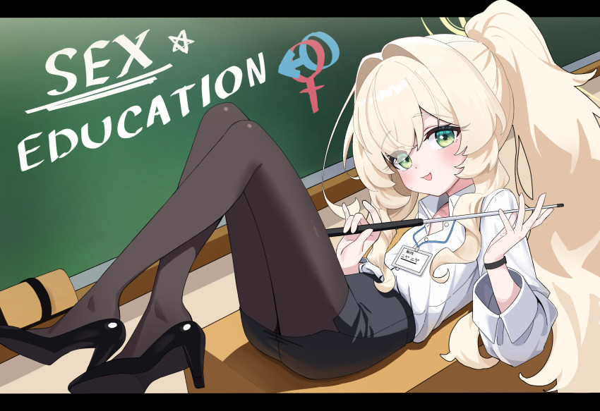 1girl, absurdres, black_shoes, black_skirt, blonde_hair, blue_archive, brown_pantyhose, chalkboard