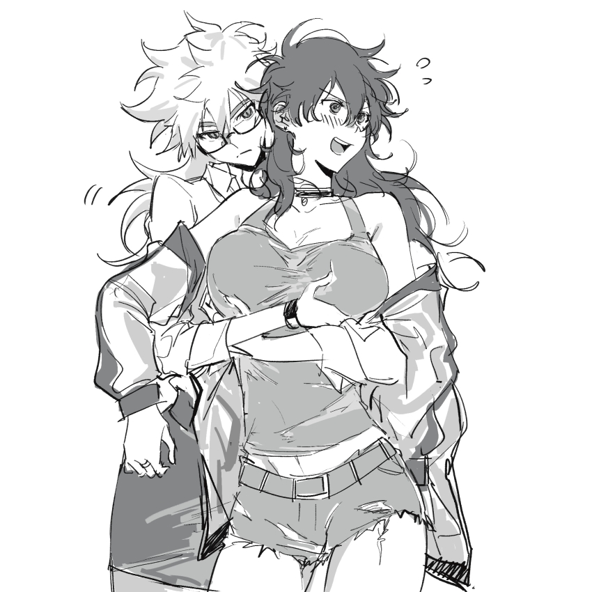 2girls, bare_shoulders, belt, blush, bracelet, breasts, camisole, cheng_xiaoshi