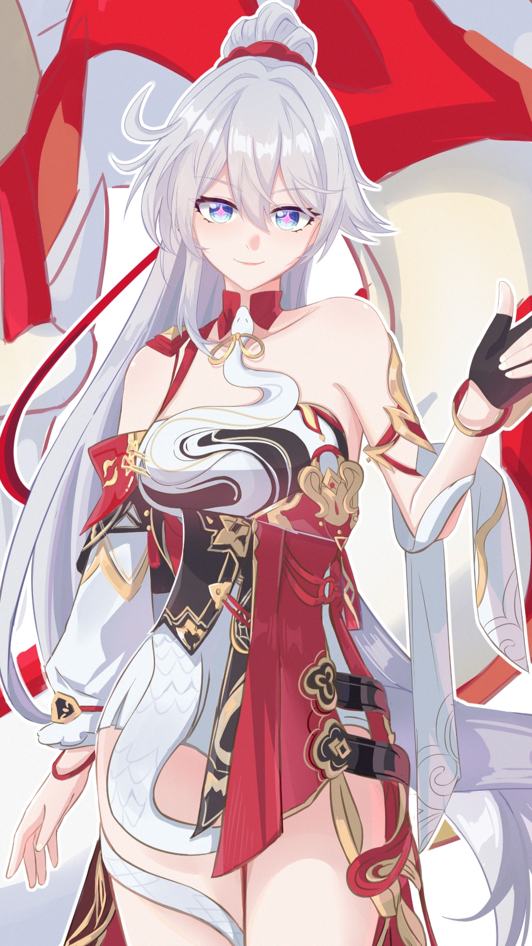 1girl, bare_shoulders, black_gloves, blue_eyes, breasts, chinese_clothes, chinese_commentary, commentary_request