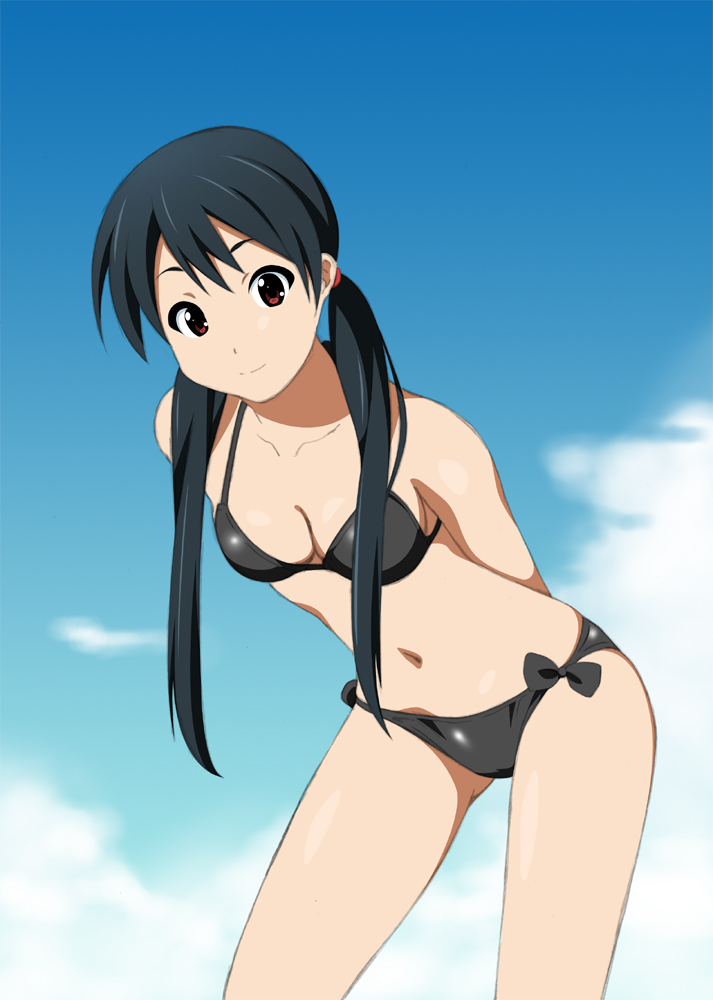 1girl, akane_(fukuoka_katsumi), bikini, black_bikini, black_hair, breasts, cleavage, female_focus, fukuoka_katsumi, leaning_forward, long_hair, looking_at_viewer, navel, original, red_eyes, side-tie_bikini_bottom, solo, swimsuit, twintails
