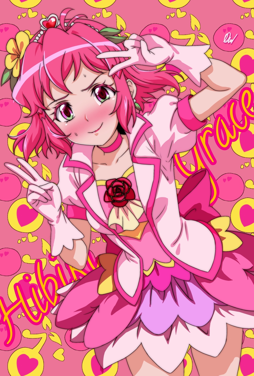 1girl, absurdres, alternate_hair_color, blush, breasts, character_name, closed_mouth, cure_grace, double_v, dress, flower, full-face_blush, gloves, gradient_eyes, hair_flower, hair_ornament, highres, jacket, lipstick, looking_at_viewer, makeup, medium_breasts, mgrenjoyer, multicolored_eyes, pink_dress, pink_hair, pink_skirt, pink_theme, precure, senki_zesshou_symphogear, skirt, solo, sweatdrop, tachibana_hibiki_(symphogear), tiara, v, voice_actor_connection, white_gloves, white_jacket, yuuki_aoi