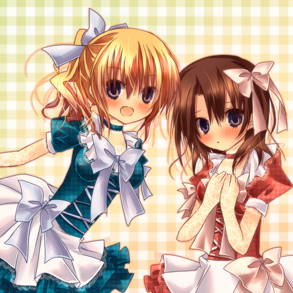 blonde_hair, brown_hair, dress, hair_ornament, hina_(ohinao), ponytail, ribbon, shannon_(umineko)