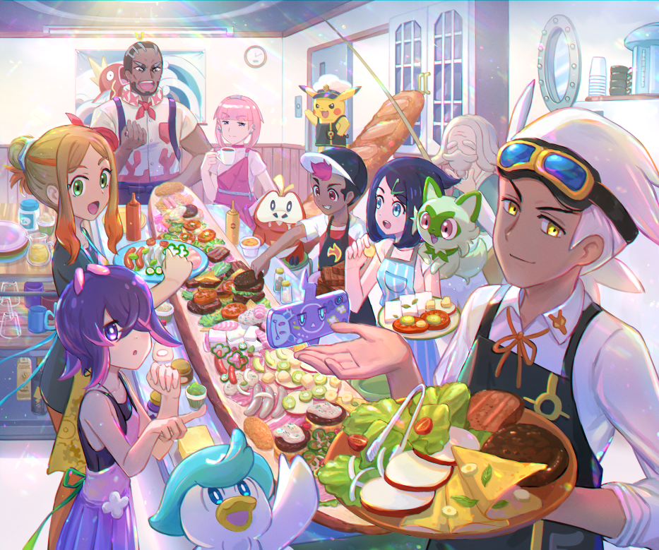 4boys, 4girls, :d, apron, beard, black_apron, black_hair, black_hat