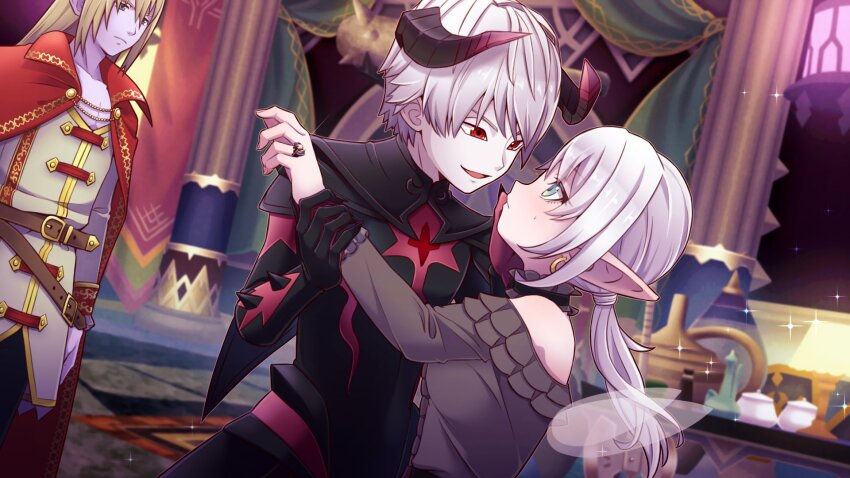 1girl, 2boys, aqua_eyes, azbar_(dragon_quest), black_horns, blonde_hair, blurry, blurry_background