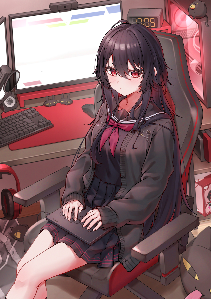 1girl, absurdres, alarm_clock, black_hair, black_sailor_collar, black_serafuku, black_shirt, black_skirt