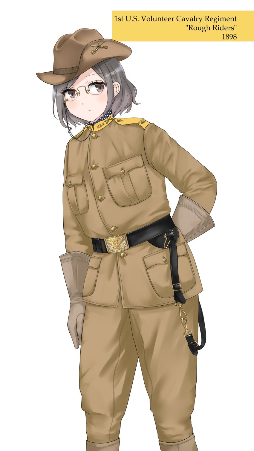 1girl, absurdres, belt, belt_buckle, black_belt, brown_eyes, brown_gloves, brown_jacket